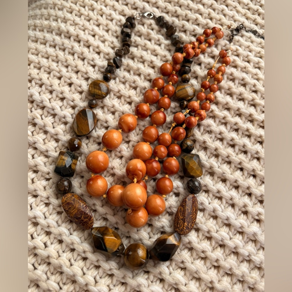 Bohemian Multi-Strand Orange and Brown Beaded Necklaces